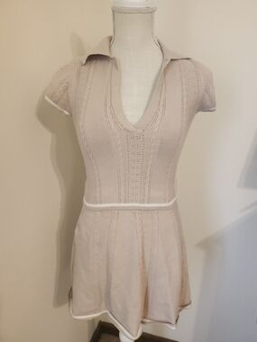 Pink Rose Beige Collared Knit Top And Skirt Set